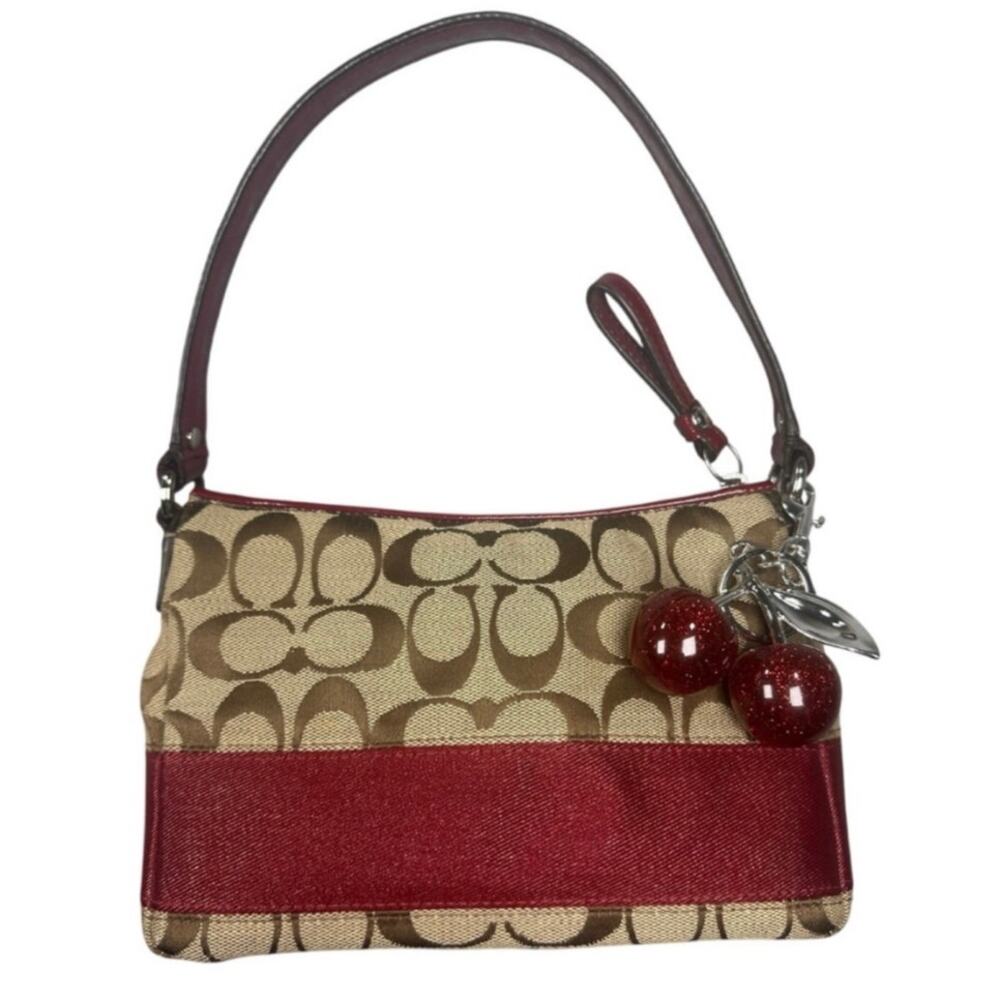 Coach Red Signature Jacquard Leather Demi Pouch Baguette